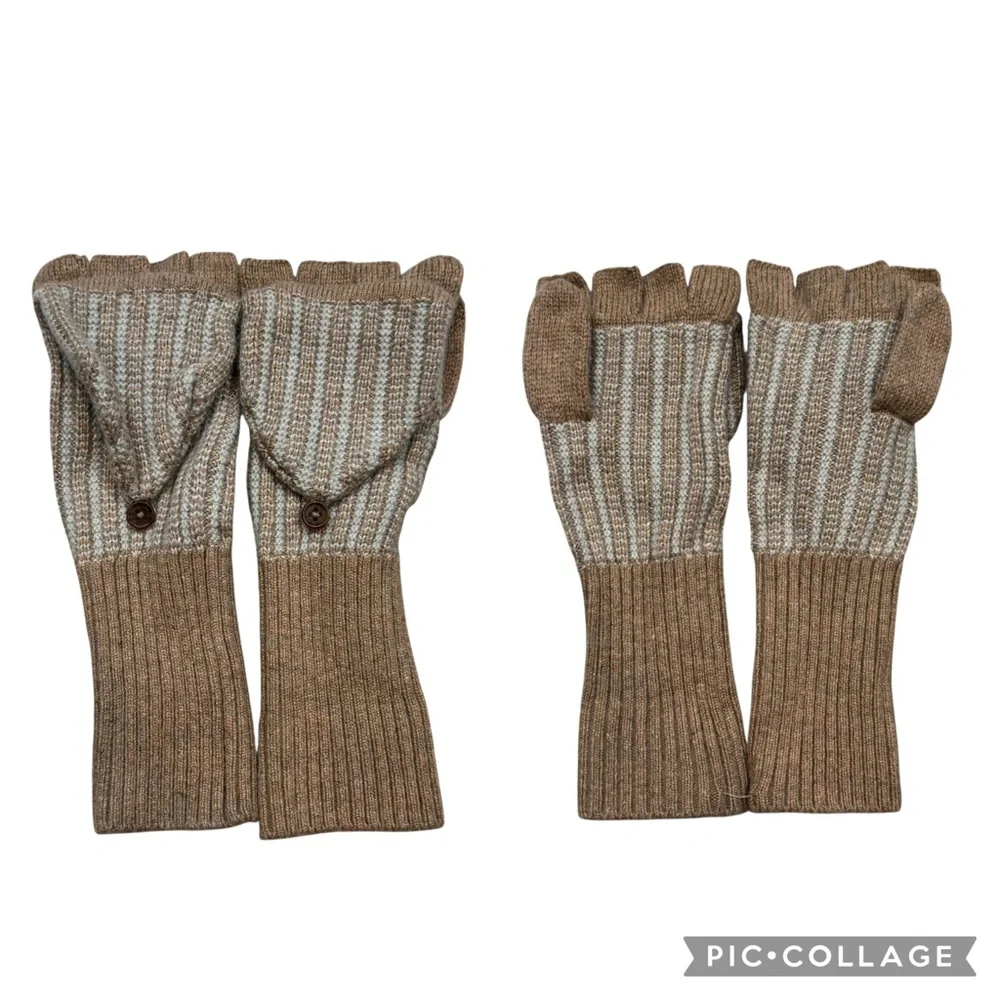 Ladies Tan and Ivory Knit Fingerless Mittens One‎ Size